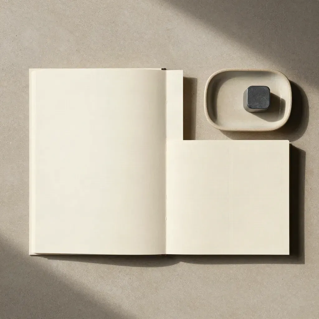 Overhead flatlay of a booklet, note cards, ceramic tray and graphite paperweight on concrete.