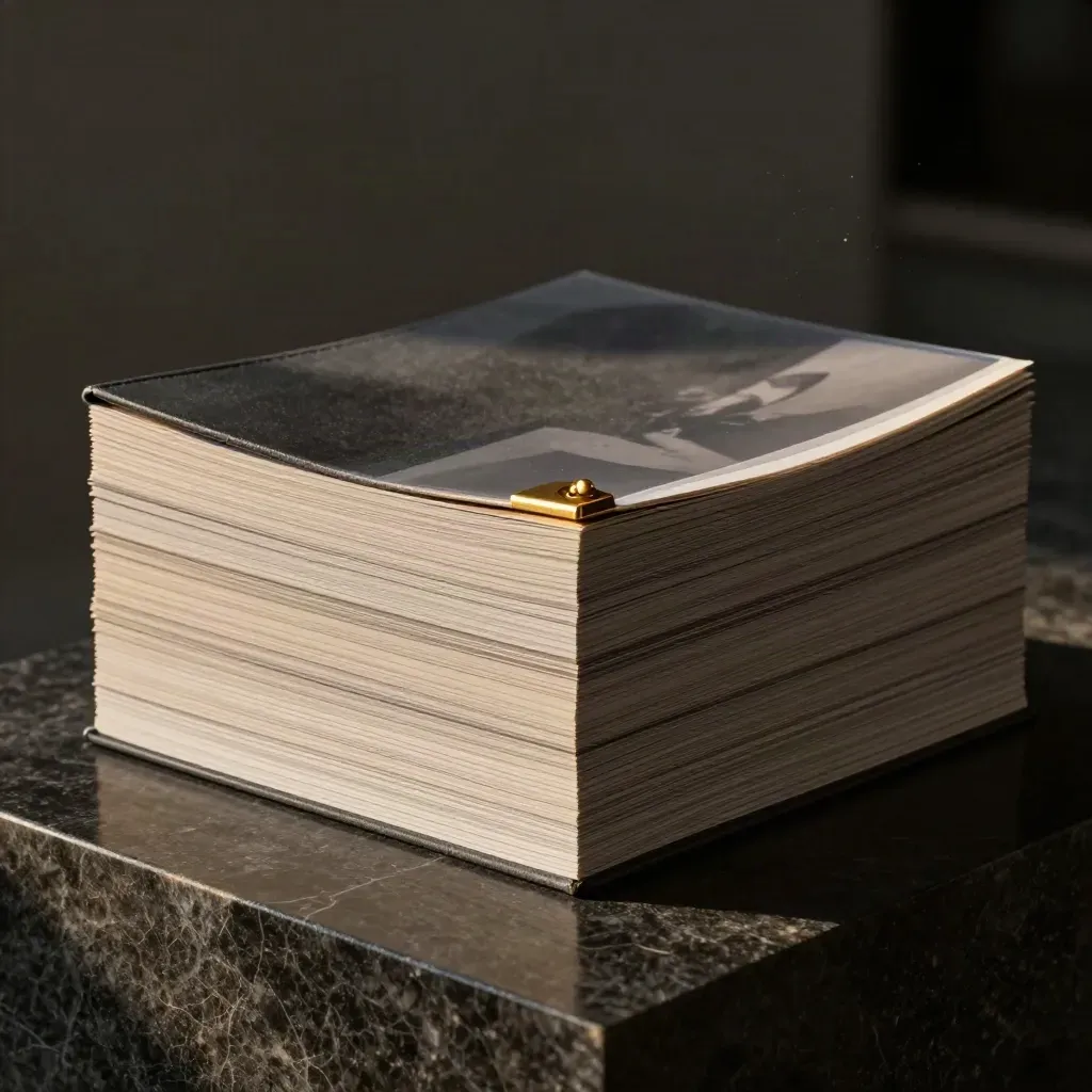 Thick pitch deck stack with gold clip on a stone plinth, dramatic studio light.