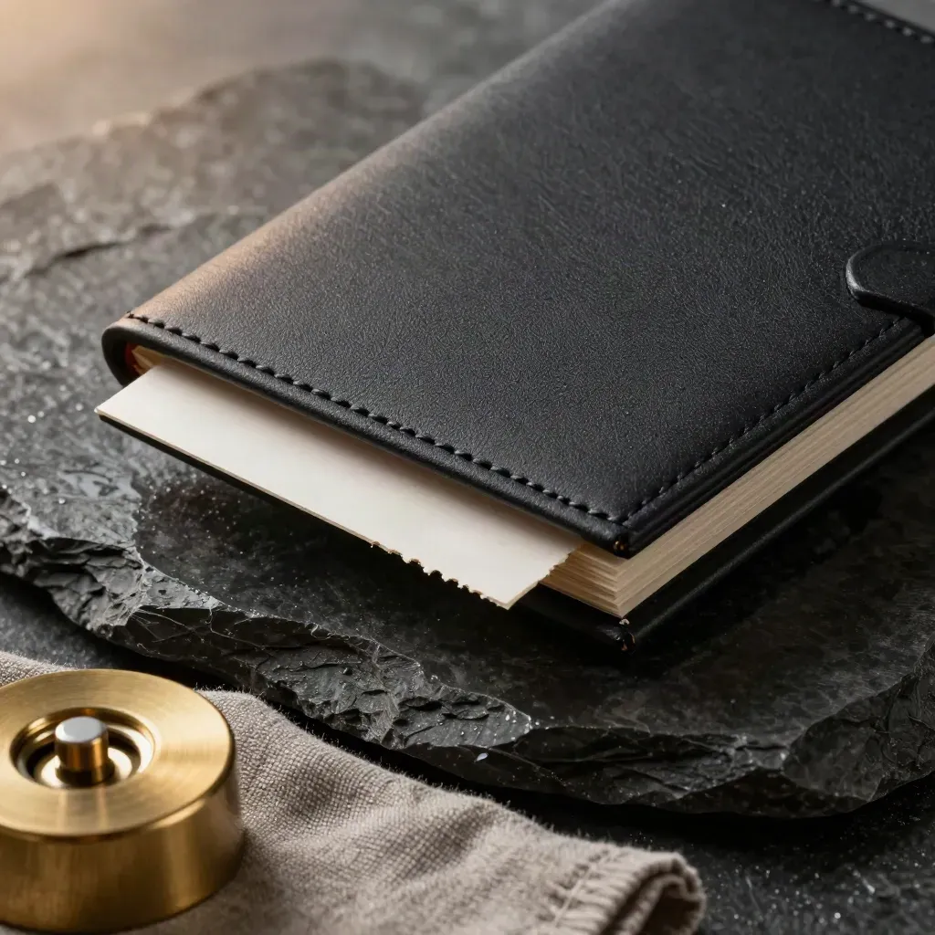 Macro of a matte-black folio over wet basalt with brass, ivory, and linen accents.