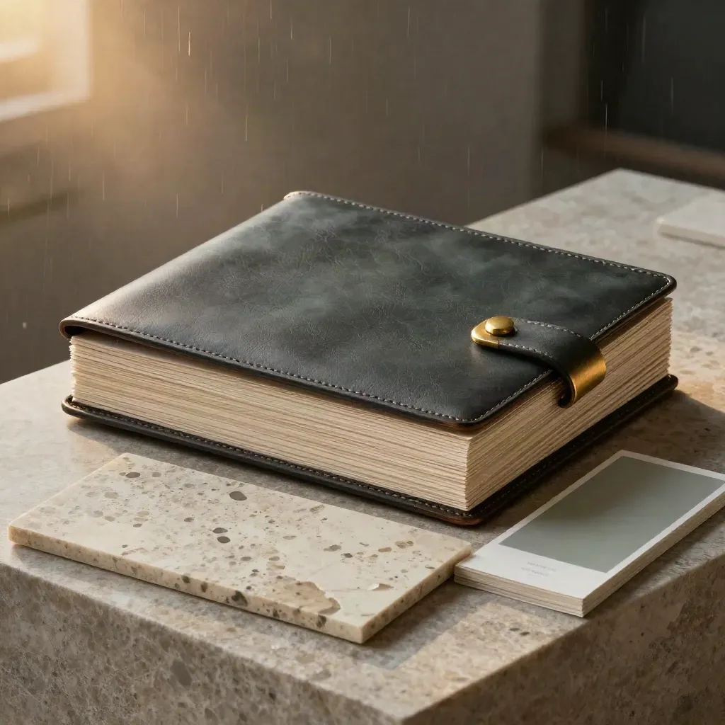 Blind-debossed audit folio with cards, stone tiles and swatch deck on a rain-cooled plinth.