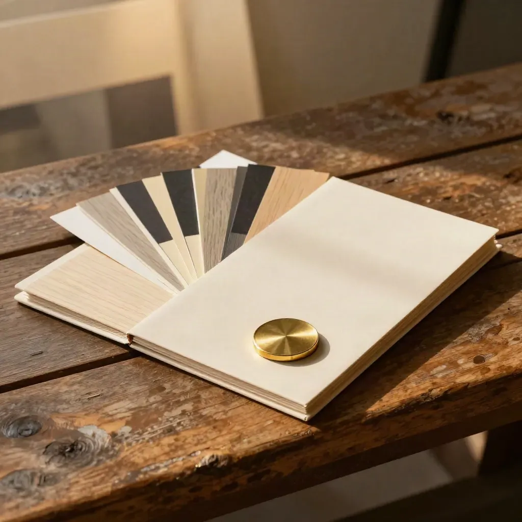Opened naming kit folder with wood sample and brass token on a worn bench.