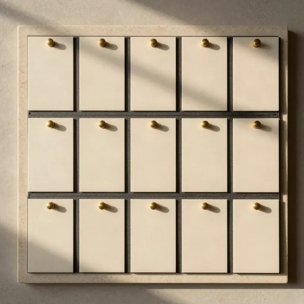 Overhead message map board with ivory cards, brass pins, and charcoal tiles on stone.