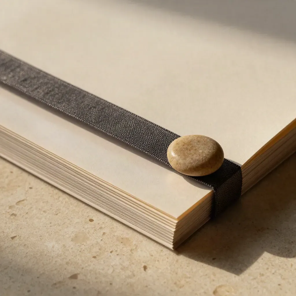 Macro of a translucent wrap peeling over a booklet with linen ribbon and pebble on travertine.