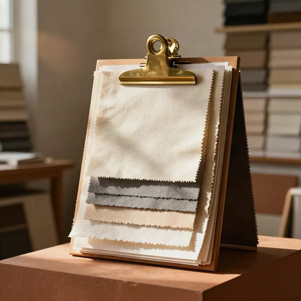Layered visual direction boards with swatches, fabric samples and brass clip on a terracotta studio plinth