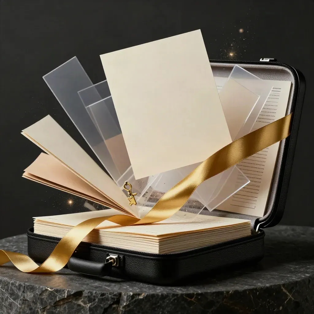 Opened workshop kit with ivory sheets, gold ribbon, and cards bursting from a portfolio case