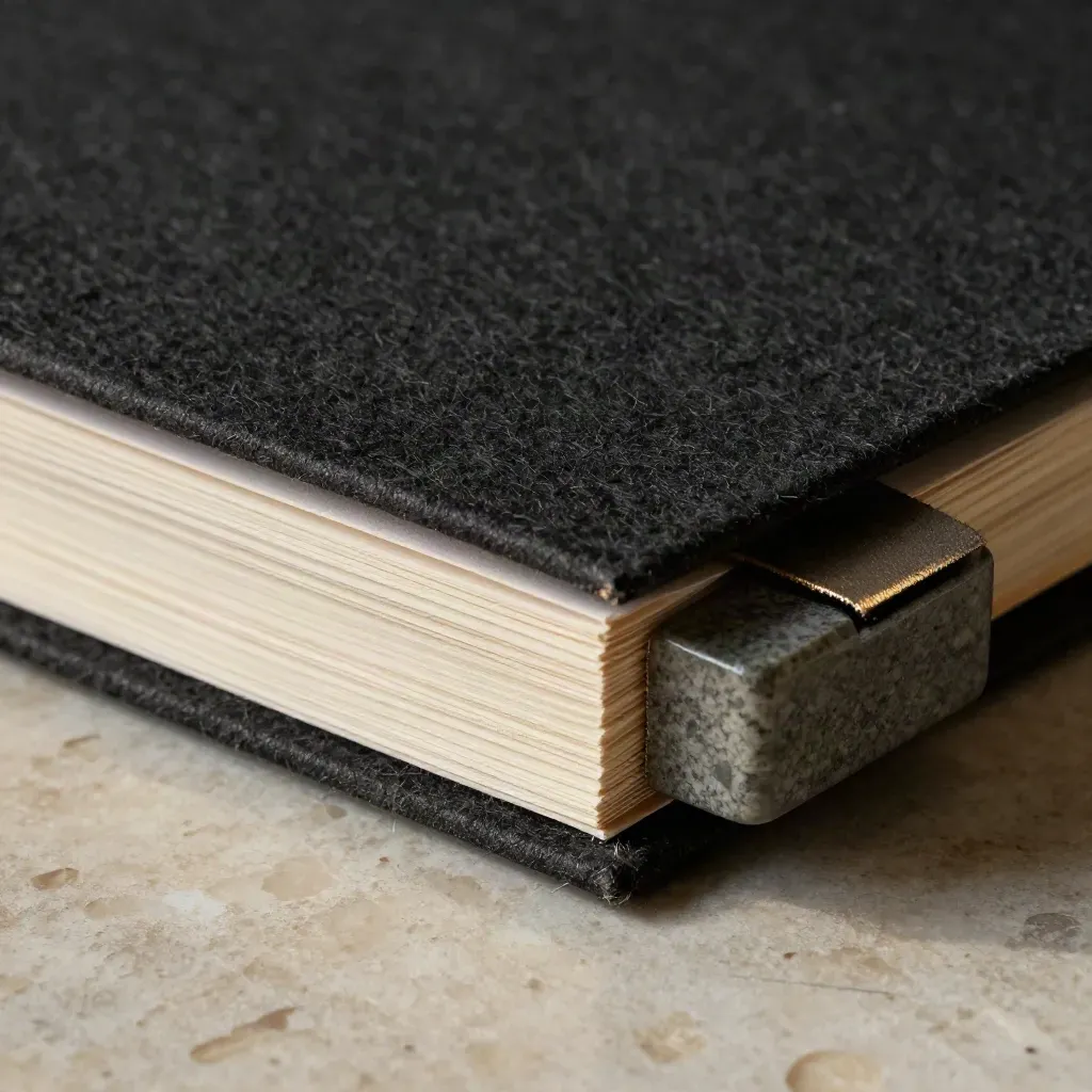 Macro of a partly closed audit folio, swatch, and stone paperweight on black felt.