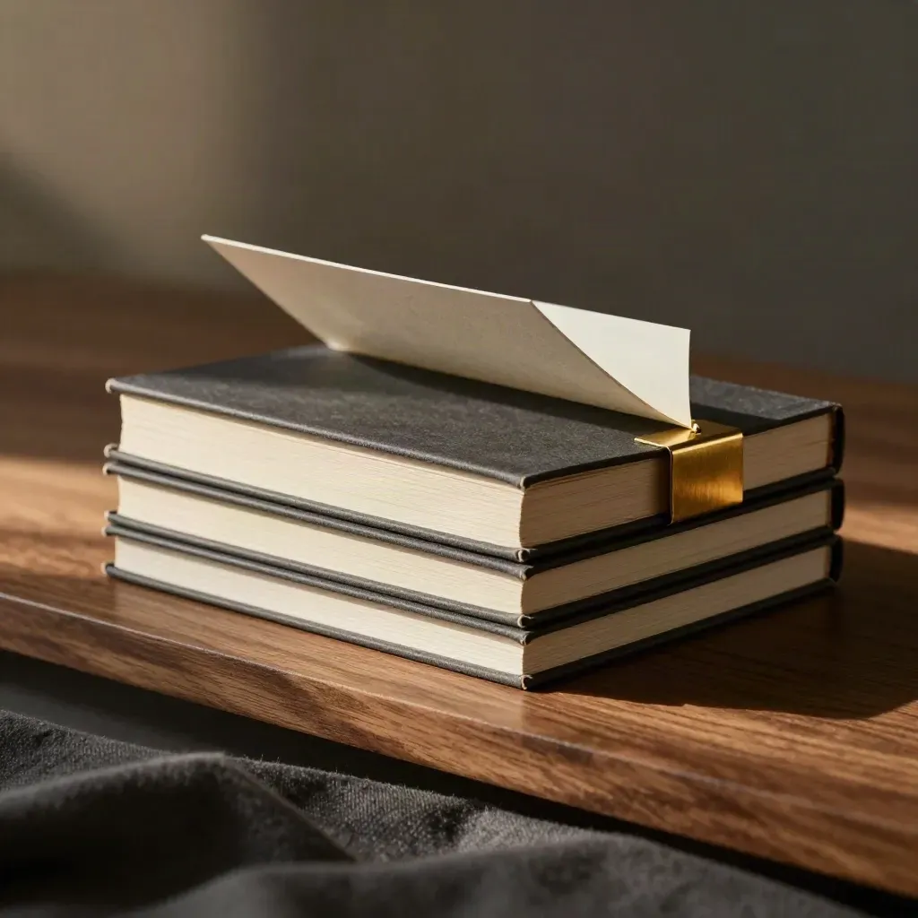 Three slim charcoal naming booklets with a brass clip and pale divider card on a walnut ledge.