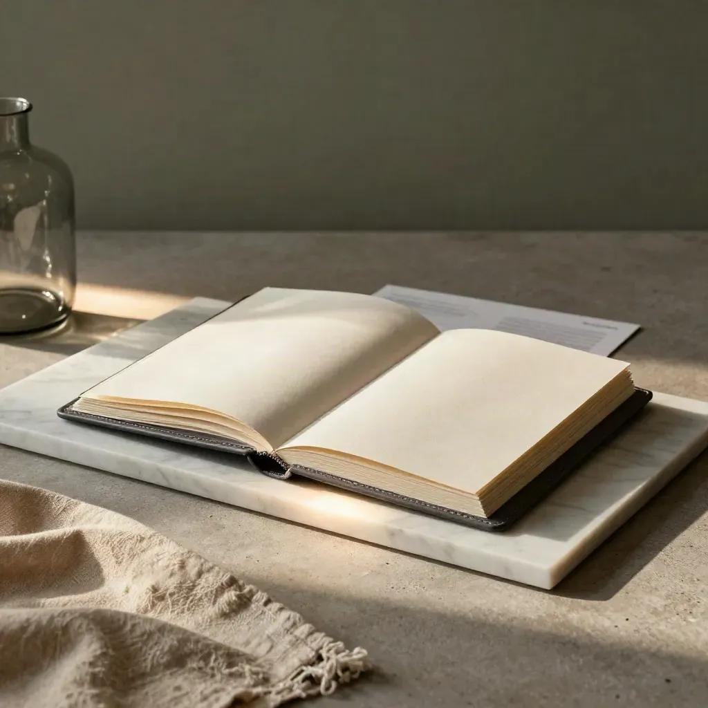 Open pitch deck case by marble, linen, and smoked glass in a hazy loft corner.