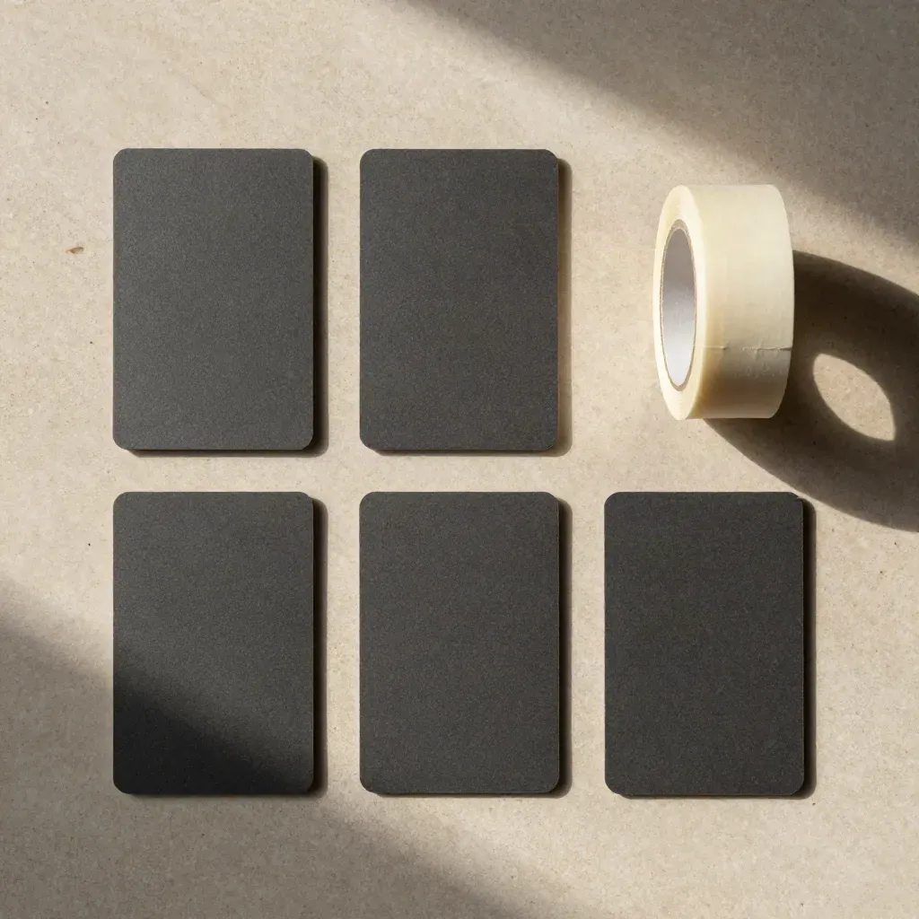 Overhead flatlay of charcoal strategy folio cards, paperweight, and tape roll on pale stone.