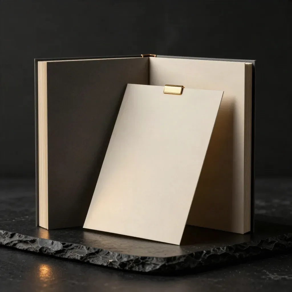 Dark product shot of a launch copy kit sleeve with booklets, page stack and gold clip