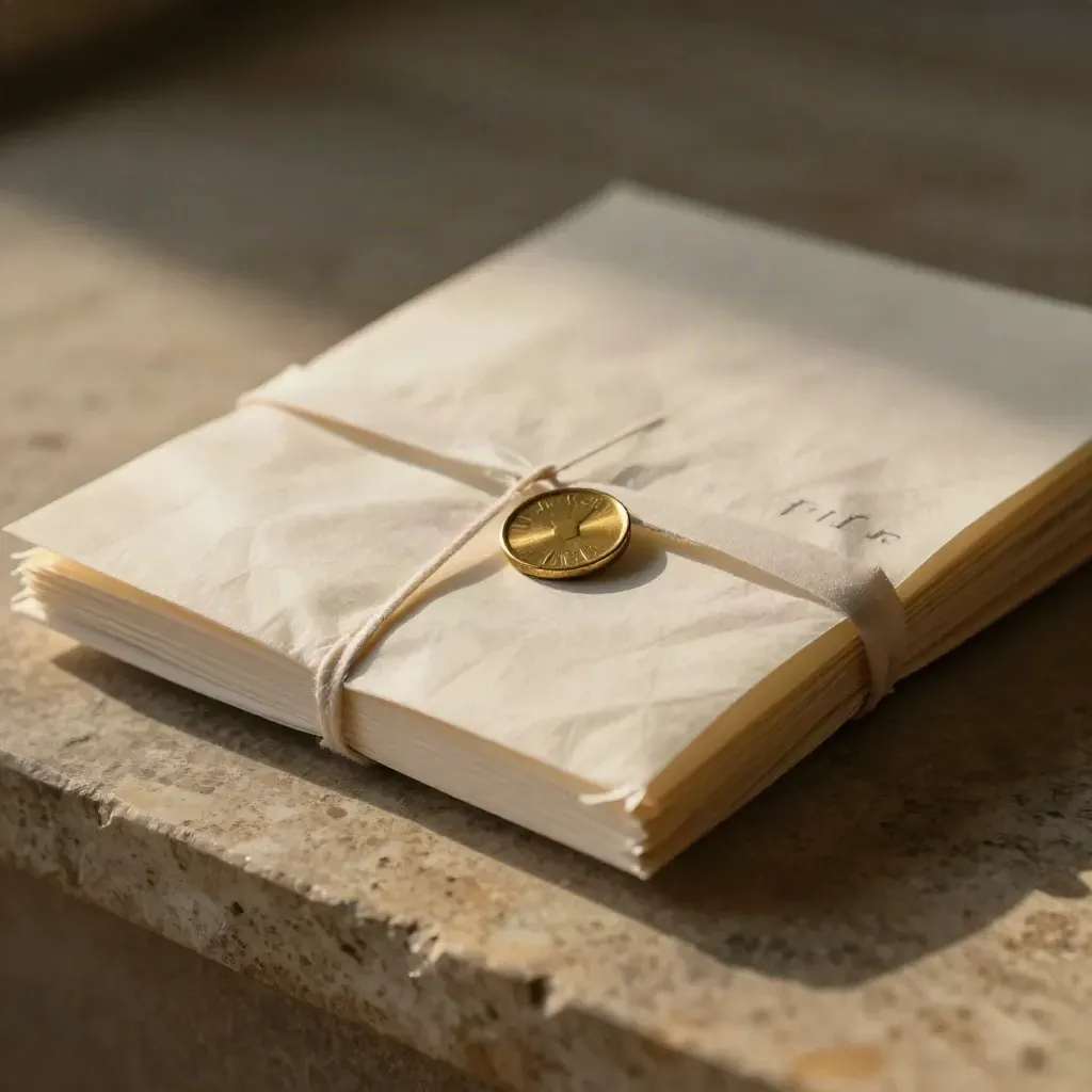 Ivory-wrapped folio with brass token on limestone, corner loosening in soft macro light.