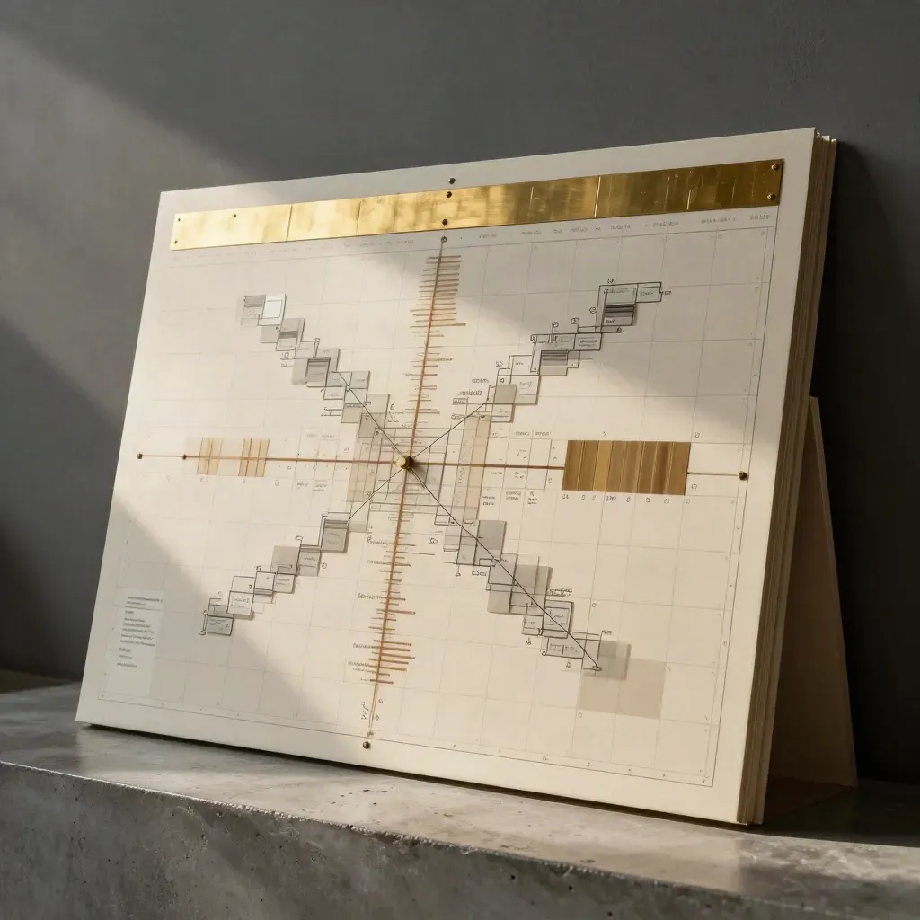 Oversized content mapping board with blank tabs and brass swatch strip on concrete.