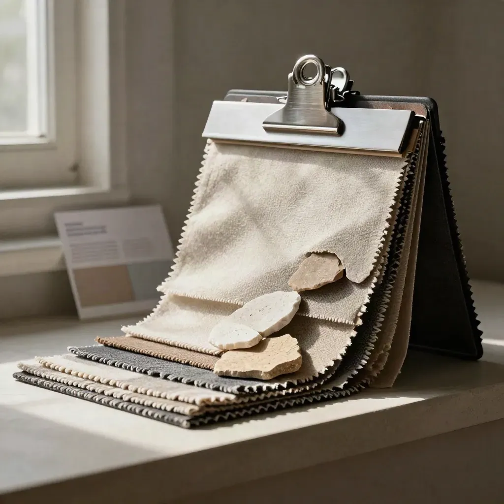 Open tone board portfolio with neutral fabric swatches, stone chips, and a metal clip