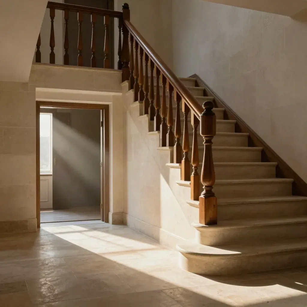 Sunlit limestone stair hall with oak banister and deep doorway, calm lower space for copy.