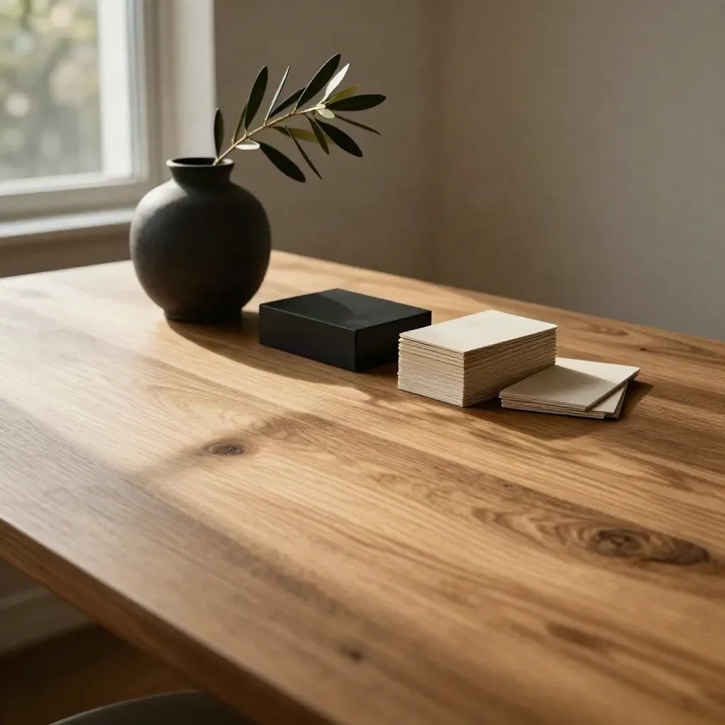 Warm oak tabletop with ceramic vessel and dried branch in soft window light